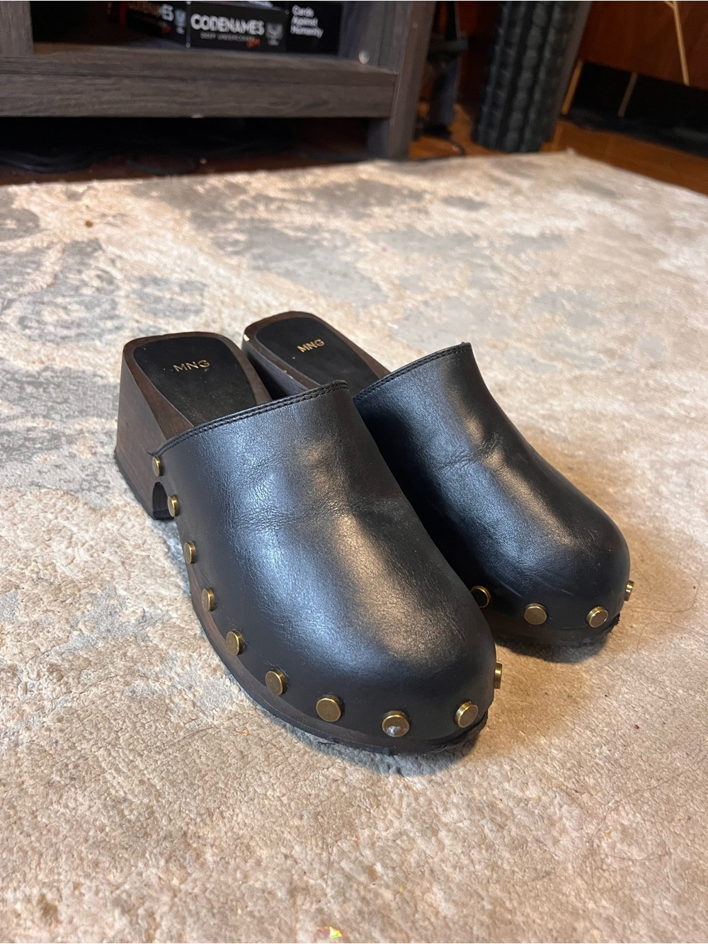 Black Leather Studded Clog Heels - Picture 2 of 4